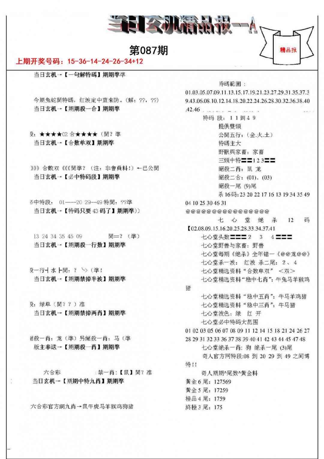 087期当日玄机精品报A[图]